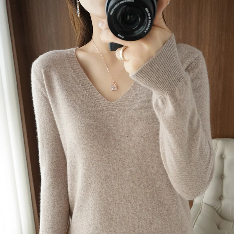 Women's Warm V-neck Pullover, Knitted Sweater, Korean Fashion, Long-sleeved, Loose Thin Inner Top, Autumn and Winter, New - Image 4