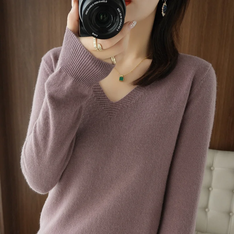 Women's Warm V-neck Pullover, Knitted Sweater, Korean Fashion, Long-sleeved, Loose Thin Inner Top, Autumn and Winter, New - Image 5