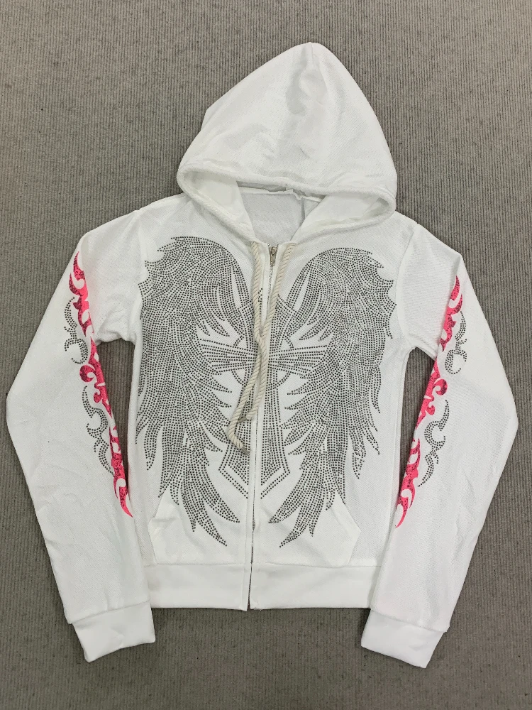 Women's Y2K Rhinestone Wing Print Zip up Hoodie Vintage Gothic Slim Fit Cropped Sweatshirt 2000s Aesthetic Streetwear - Image 5