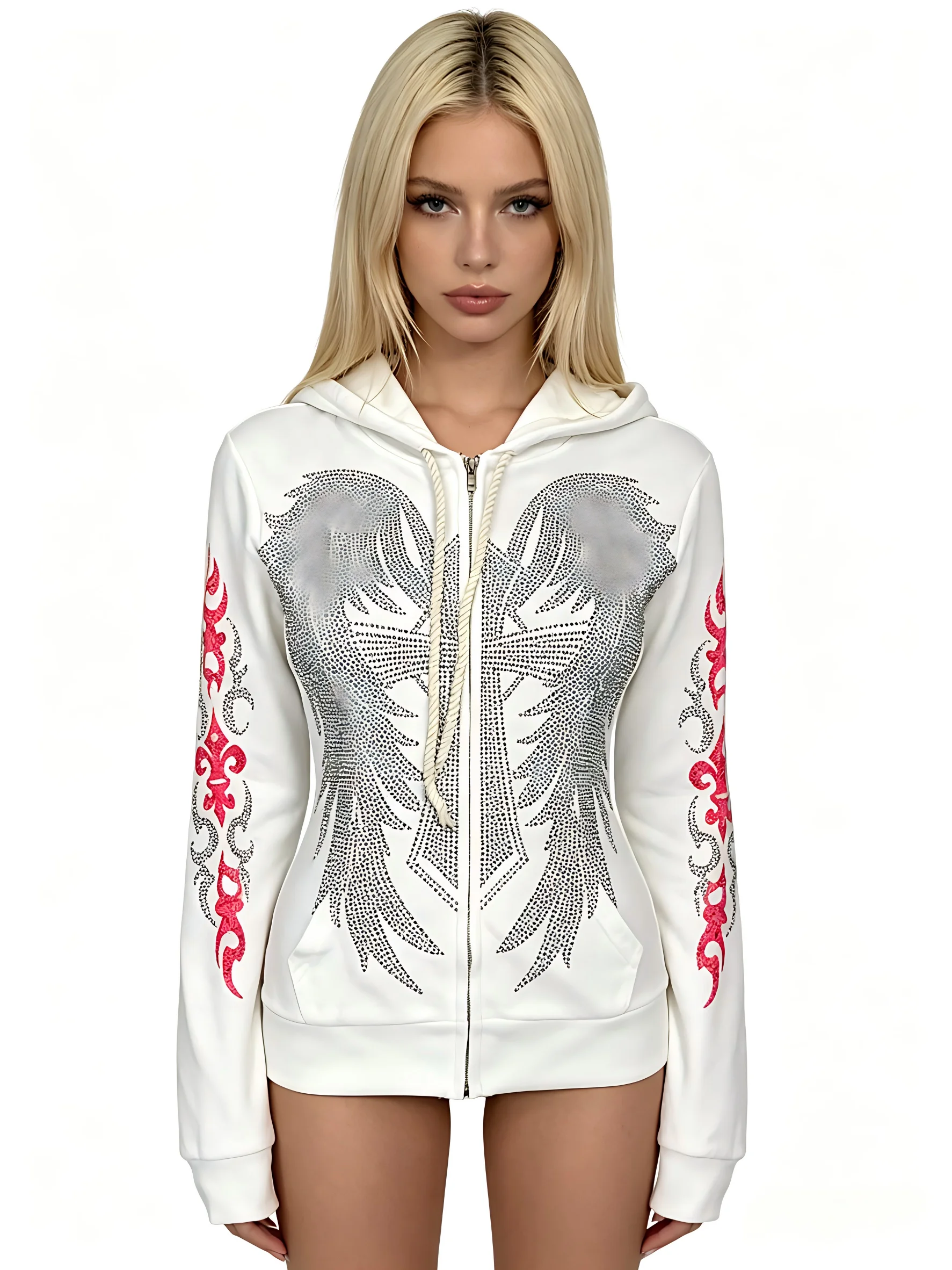 Women's Y2K Rhinestone Wing Print Zip up Hoodie Vintage Gothic Slim Fit Cropped Sweatshirt 2000s Aesthetic Streetwear - Image 3