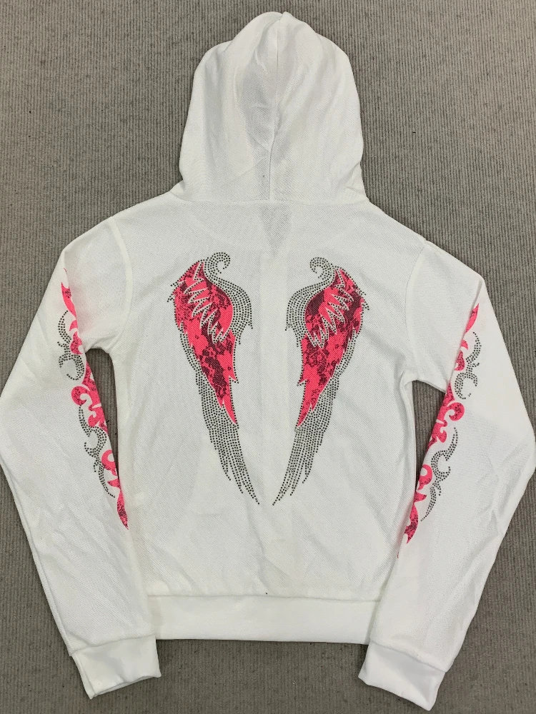 Women's Y2K Rhinestone Wing Print Zip up Hoodie Vintage Gothic Slim Fit Cropped Sweatshirt 2000s Aesthetic Streetwear - Image 6