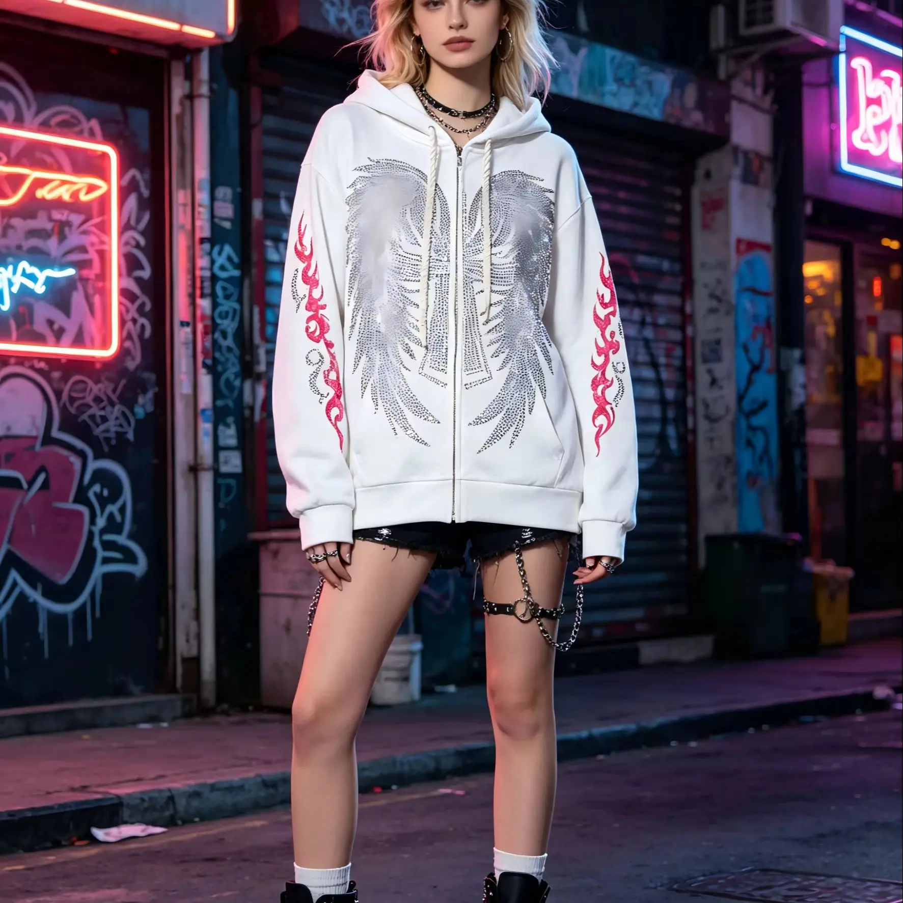 Women's Y2K Rhinestone Wing Print Zip up Hoodie Vintage Gothic Slim Fit Cropped Sweatshirt 2000s Aesthetic Streetwear