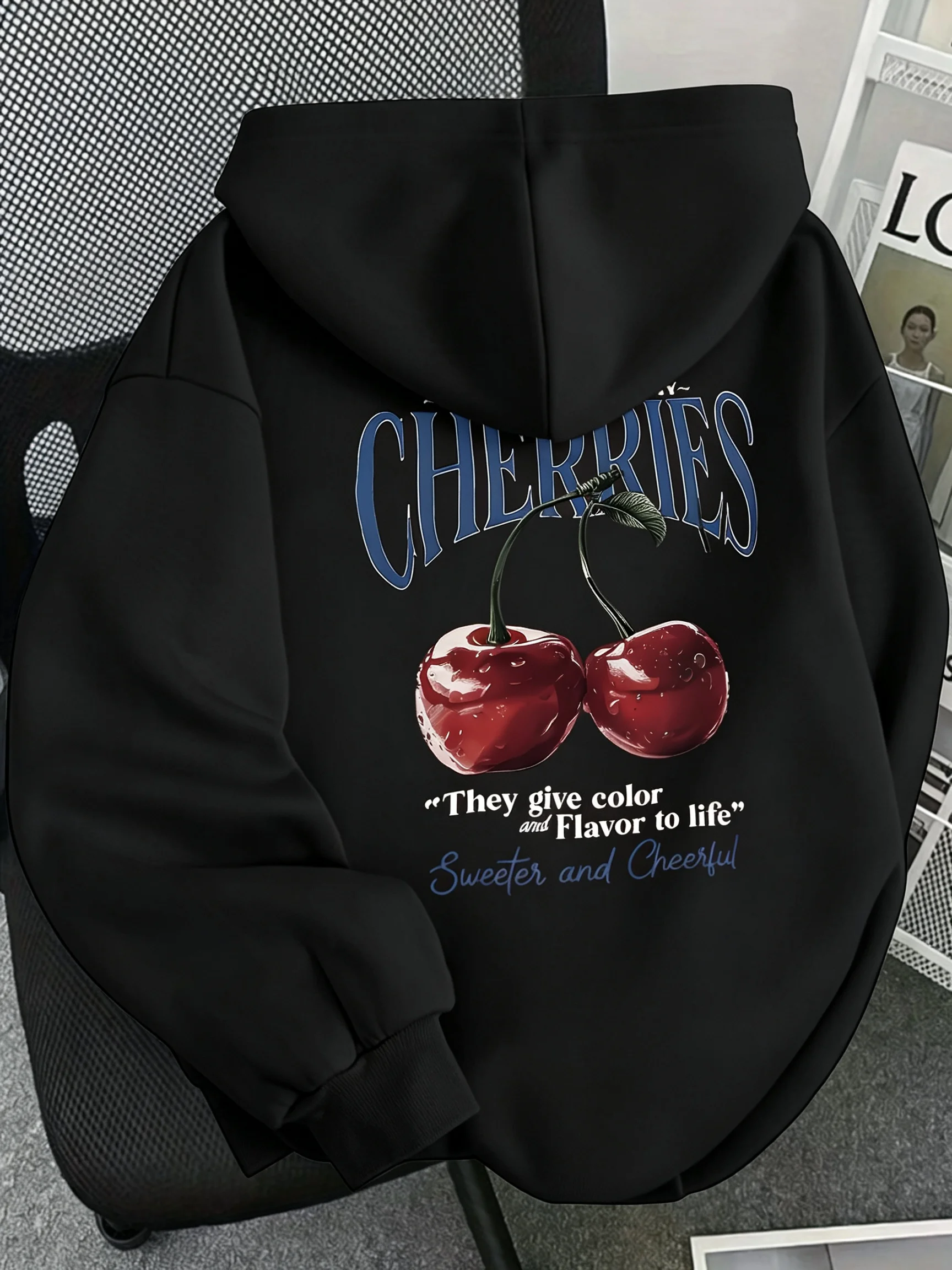 Women's fall/winter oversized pullover hooded sweatshirt, "My Friend Is My Cherry" printed hoodie; trendy cherry pattern print.