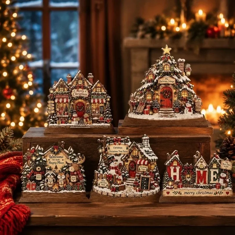 Wooden Christmas House Statue Snowman 2D Flat Christmas Decorations Rustic Style Animals Christmas Atmosphere Ornaments Desktop - Image 2