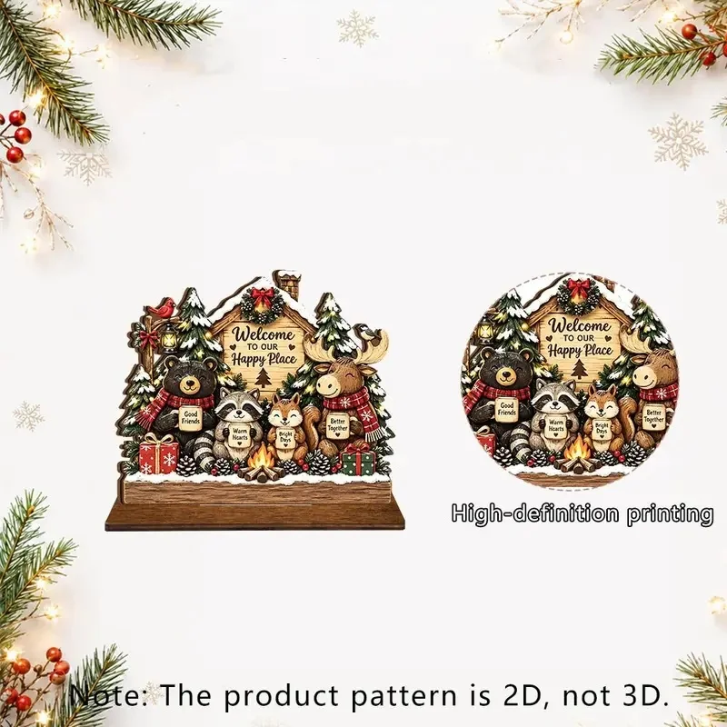 Wooden Christmas House Statue Snowman 2D Flat Christmas Decorations Rustic Style Animals Christmas Atmosphere Ornaments Desktop - Image 4