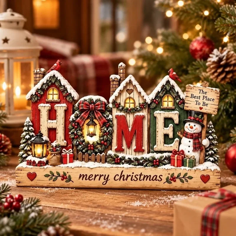 Wooden Christmas House Statue Snowman 2D Flat Christmas Decorations Rustic Style Animals Christmas Atmosphere Ornaments Desktop - Image 3