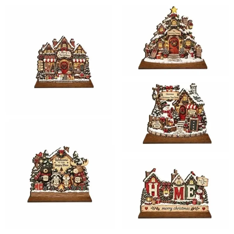Wooden Christmas House Statue Snowman 2D Flat Christmas Decorations Rustic Style Animals Christmas Atmosphere Ornaments Desktop - Image 5