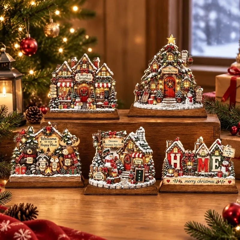 Wooden Christmas House Statue Snowman 2D Flat Christmas Decorations Rustic Style Animals Christmas Atmosphere Ornaments Desktop