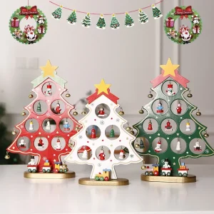 Wooden Christmas Tree 6 Slot Table Centerpiece Christmas Village Diorama Handicraft Fireplace Scene Xmas Desktop Decor