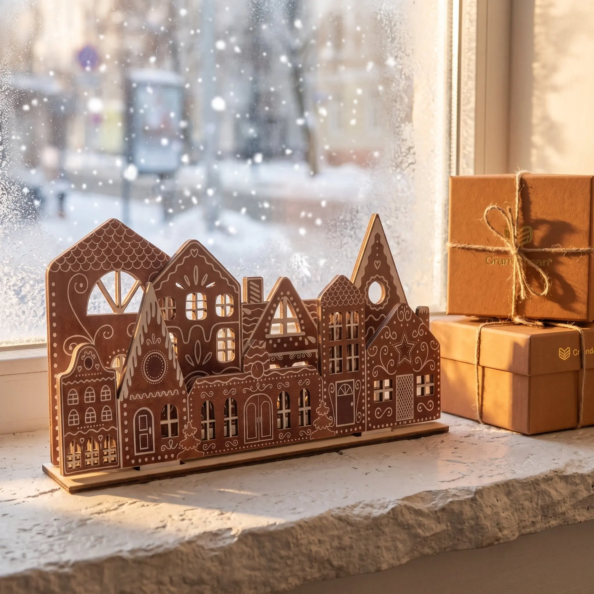 Wooden Christmas Village Figurine Hand carved Wood Gingerbread House Miniature Desktop Ornaments Xmas Party Layout Props - Image 4