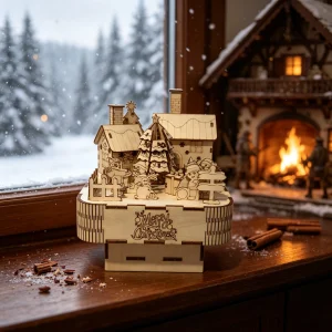 Wooden Christmas Village Music Box 3D Puzzle, DIY Assemble Winter House Holiday Craft Decoration