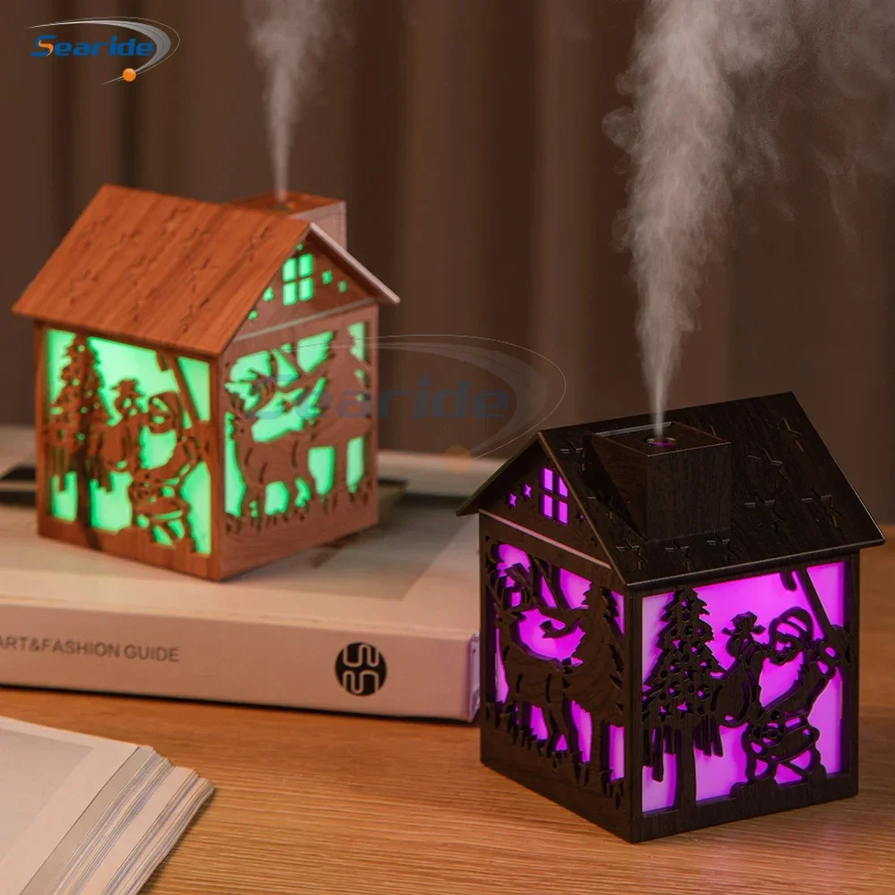 Wooden House Air Humidifier USB 240ML Aroma Diffuser Essential Oils Color Night Light for Home Bedroom Creative Christmas Gifts