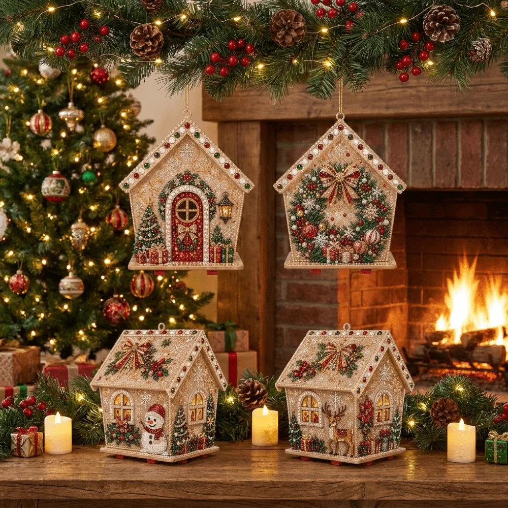 Wooden House Christmas Pearl Art Craft Kit 3D House Pearl Bead Wooden House Craft Kit Exquisite Handmade Ornaments - Image 3