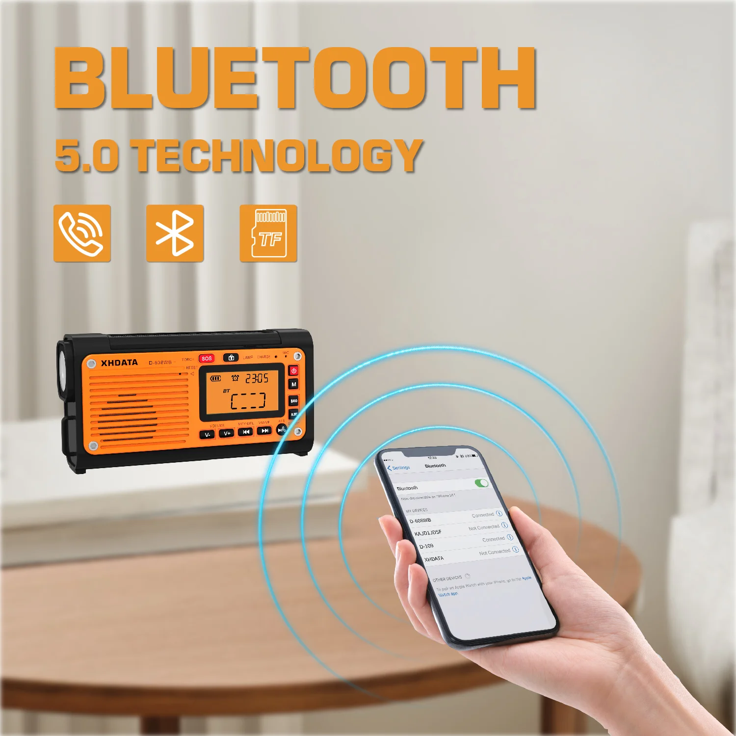 XHDATA D-608WB FM/AM/SW/WB Emergency Crank Radio NOAA Alert Weather Radio with Phone Charger/Bluetooth/TF Card Survival Outdoor - Image 3