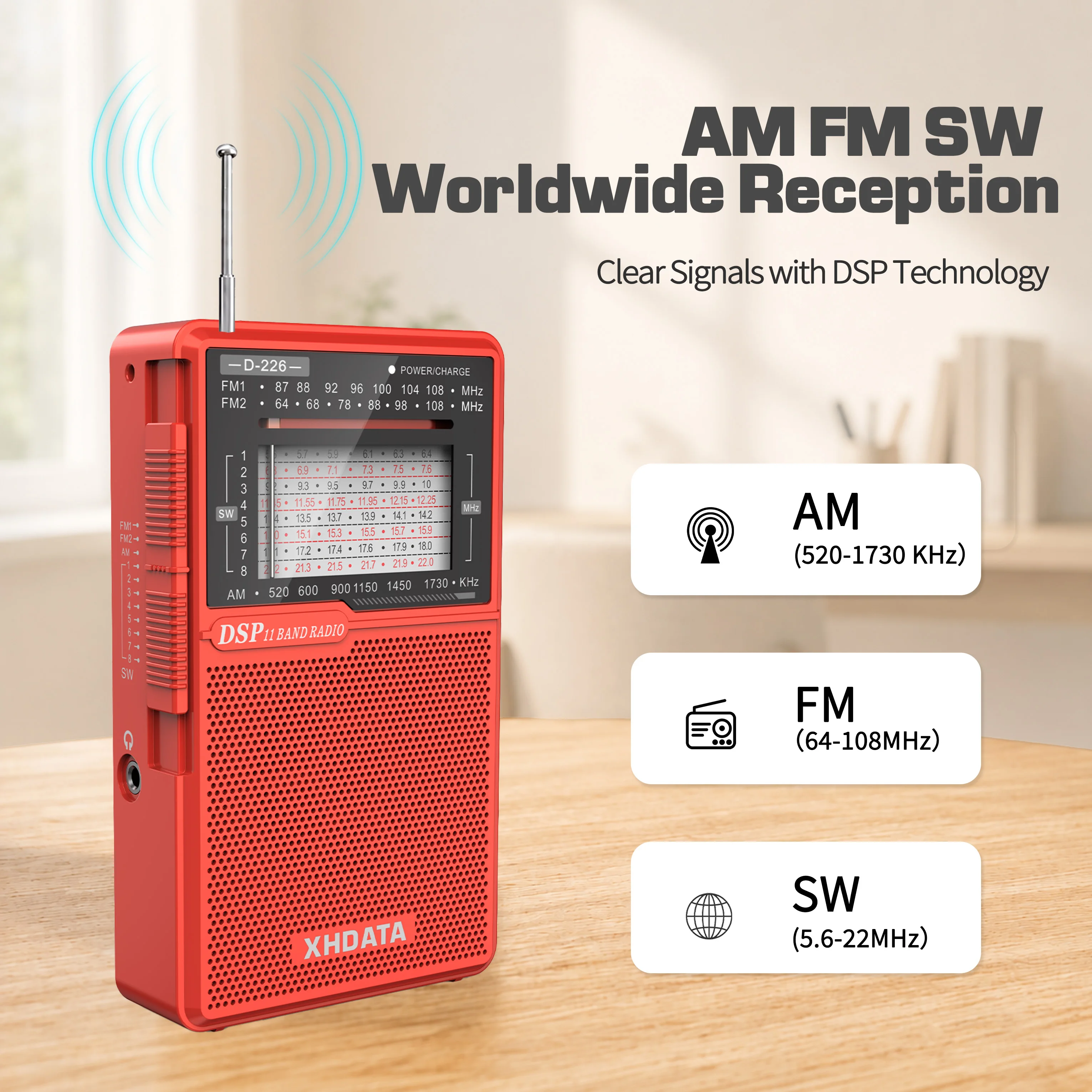 XHDATA D226 Portable AM FM Shortwave Radio USB-C Rechargeable Battery Operated Radio with Flashlight 3.5mm Headphone Jack Stand - Image 3