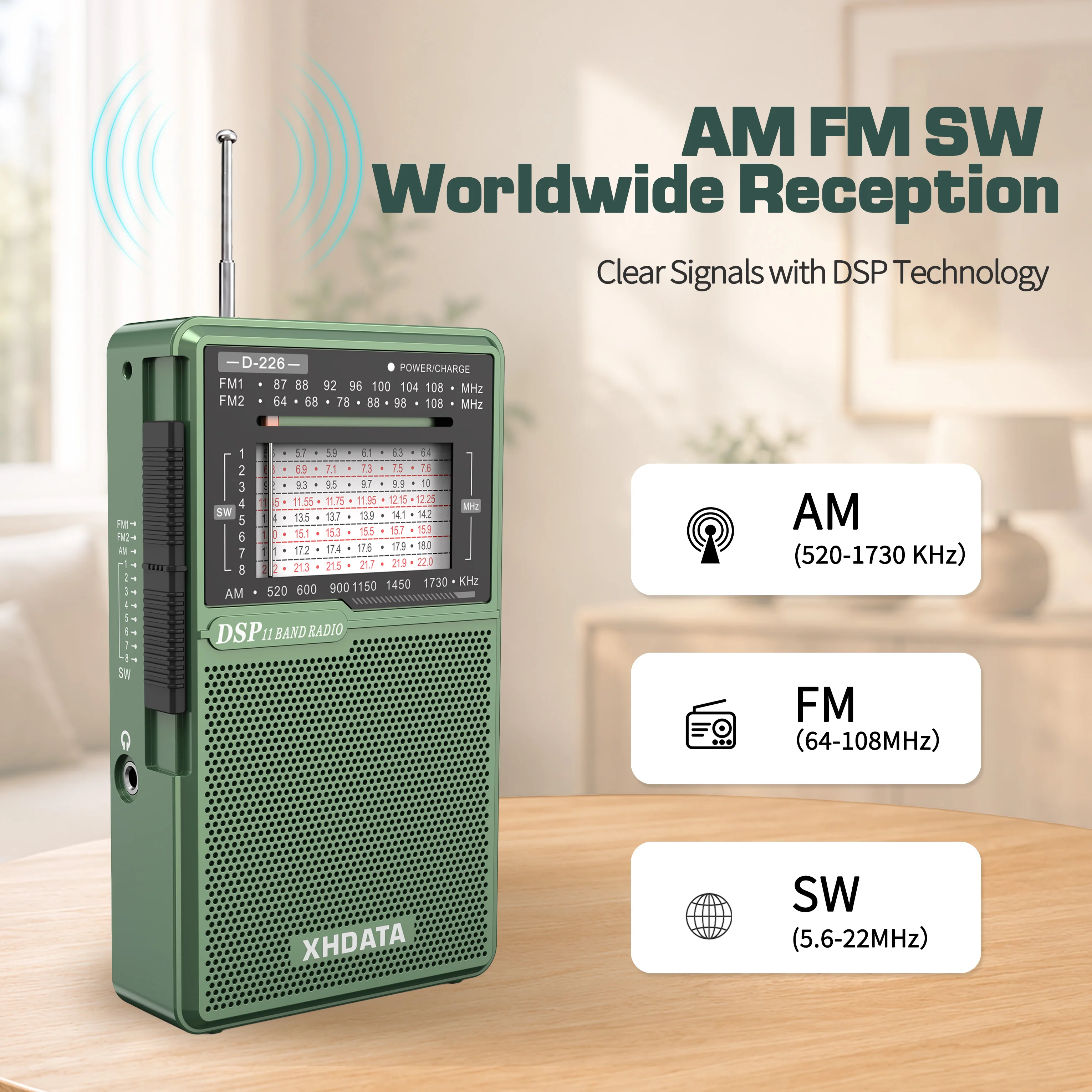 XHDATA D226 Portable DSP Radio AM FM SW Worldwide Receiver USB-C Rechargeable with Built-in Flashlight for Home Camping Outdoor - Image 2
