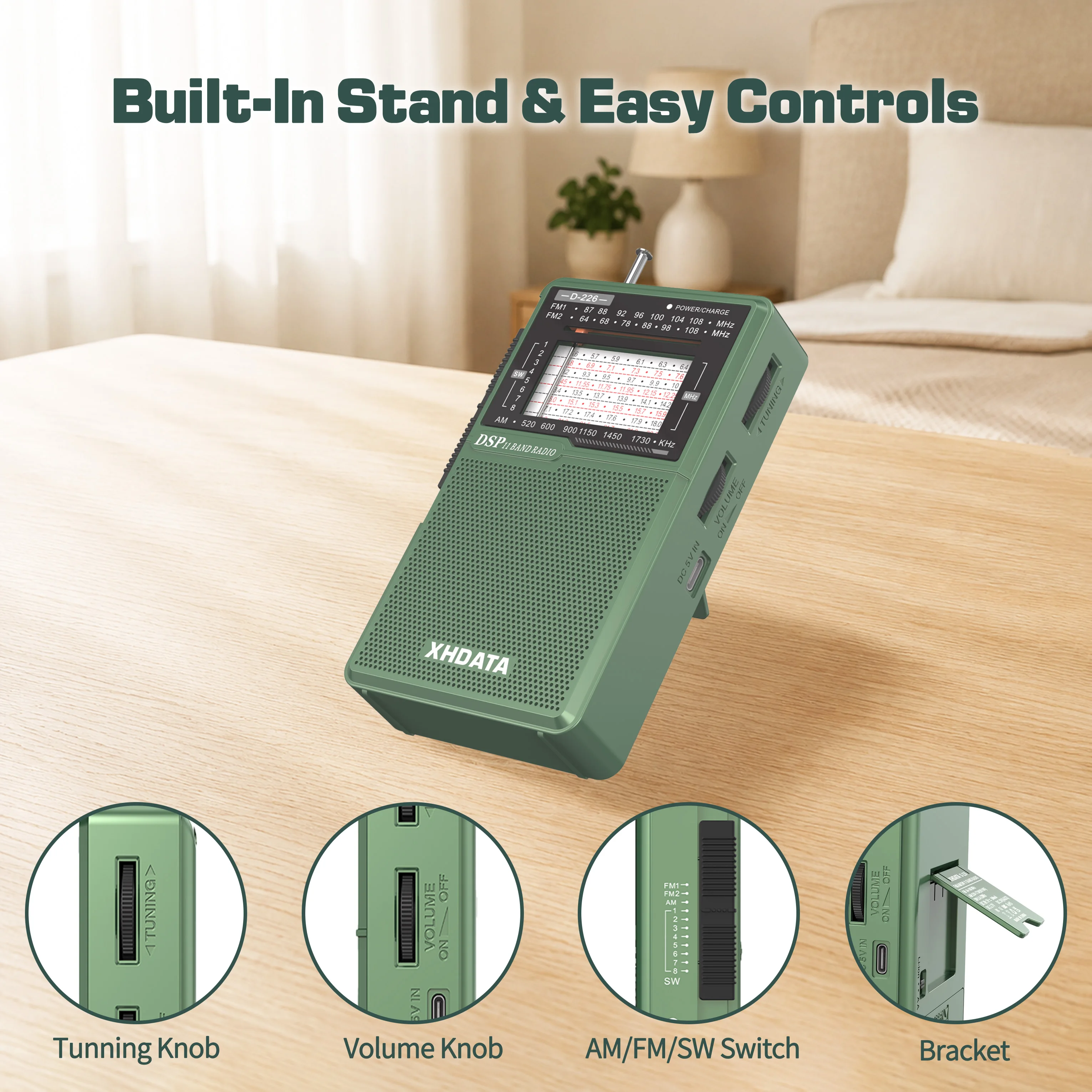 XHDATA D226 Portable DSP Radio AM FM SW Worldwide Receiver USB-C Rechargeable with Built-in Flashlight for Home Camping Outdoor - Image 3
