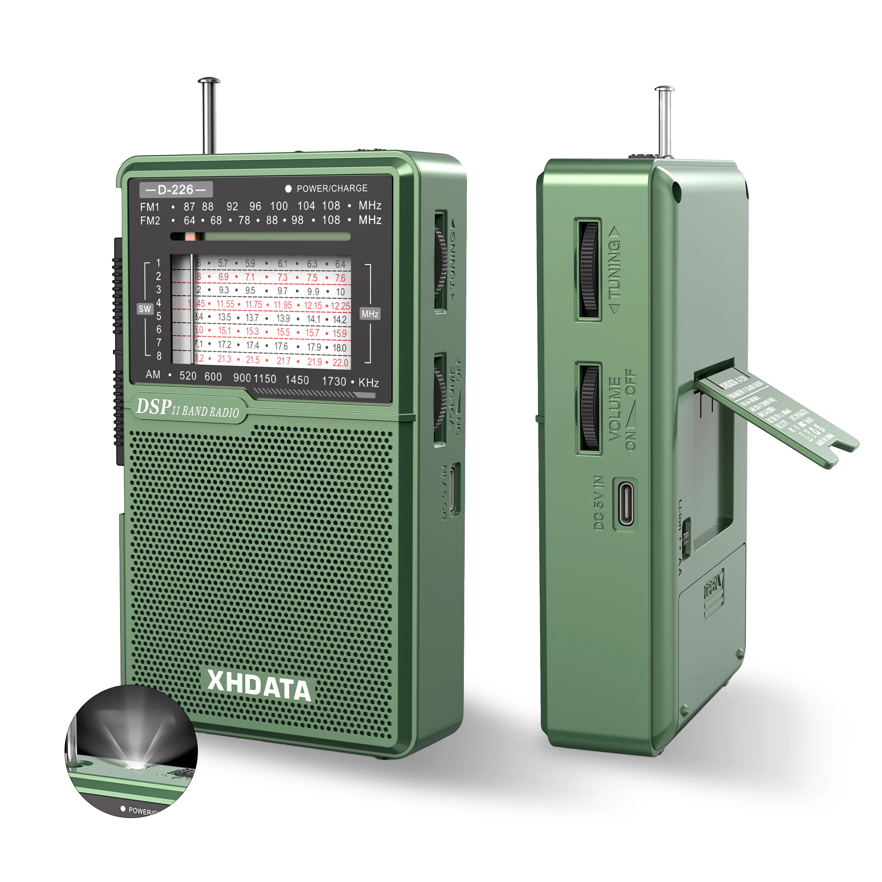XHDATA D226 Portable DSP Radio AM FM SW Worldwide Receiver USB-C Rechargeable with Built-in Flashlight for Home Camping Outdoor