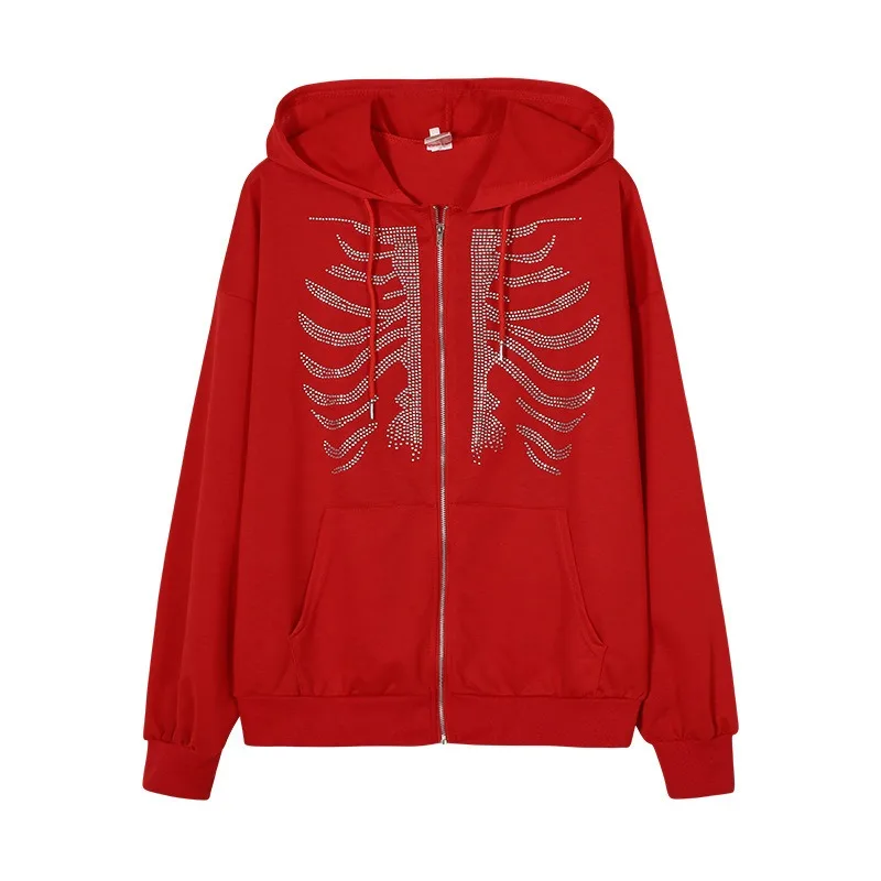 Y2K Rhinestone Skeleton Hoodies Women Gothic Black Zip Up Oversized Sweatshirts Female Retro Harajuku Hooded Jacket Streetwear - Image 5