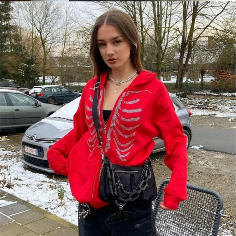 Y2K Rhinestone Skeleton Hoodies Women Gothic Black Zip Up Oversized Sweatshirts Female Retro Harajuku Hooded Jacket Streetwear - Image 4