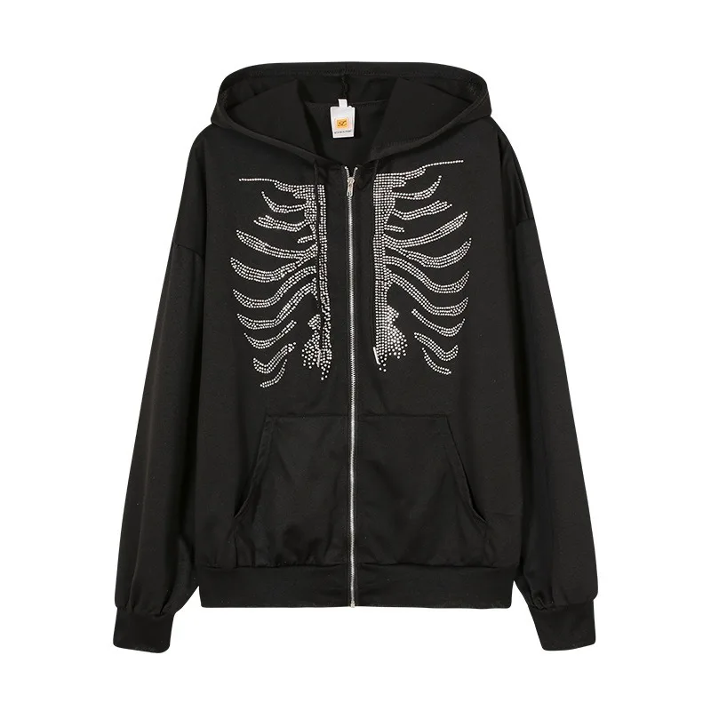 Y2K Rhinestone Skeleton Hoodies Women Gothic Black Zip Up Oversized Sweatshirts Female Retro Harajuku Hooded Jacket Streetwear - Image 6