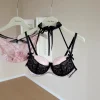 YEMOMO French Lace Push Up Lingerie Set for Women, Sexy Deep Plunge Demi Bra,Gather Small Bust Big Look, Daily Comfort Wear,S-XL