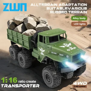 ZWN 1:16 2.4G Aluminum Alloy Six Wheel Military RC Truck with Lights Outdoor Remote Control Cars Toys Gift for Children.