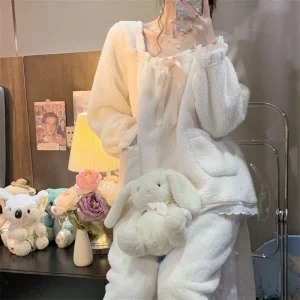new Teen Girls Autumn Winter Warm Pajamas Women Fleece Loungewear Soft Ladies Homewear Lady Loose Breathable Casual Set Woman