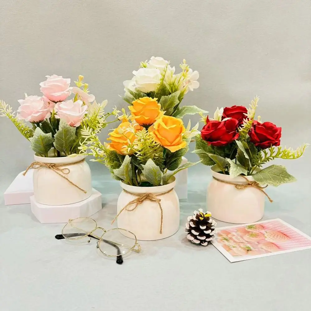 with Pots 3Rose Flower Artificial Potted Plant Miniscape Realistic Fake False Plants Vibrant Color Simulated Potted Plant