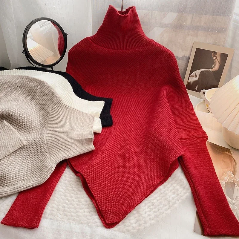 zjaiss Vintage High Neck Long Sleeve Female Pullovers 2026 Autumn Winter Women Fashion Irregular Loose Knit Sweater Chic Tops - Image 3