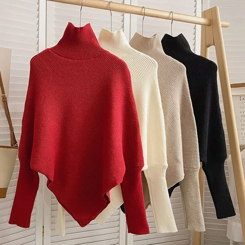 zjaiss Vintage High Neck Long Sleeve Female Pullovers 2026 Autumn Winter Women Fashion Irregular Loose Knit Sweater Chic Tops
